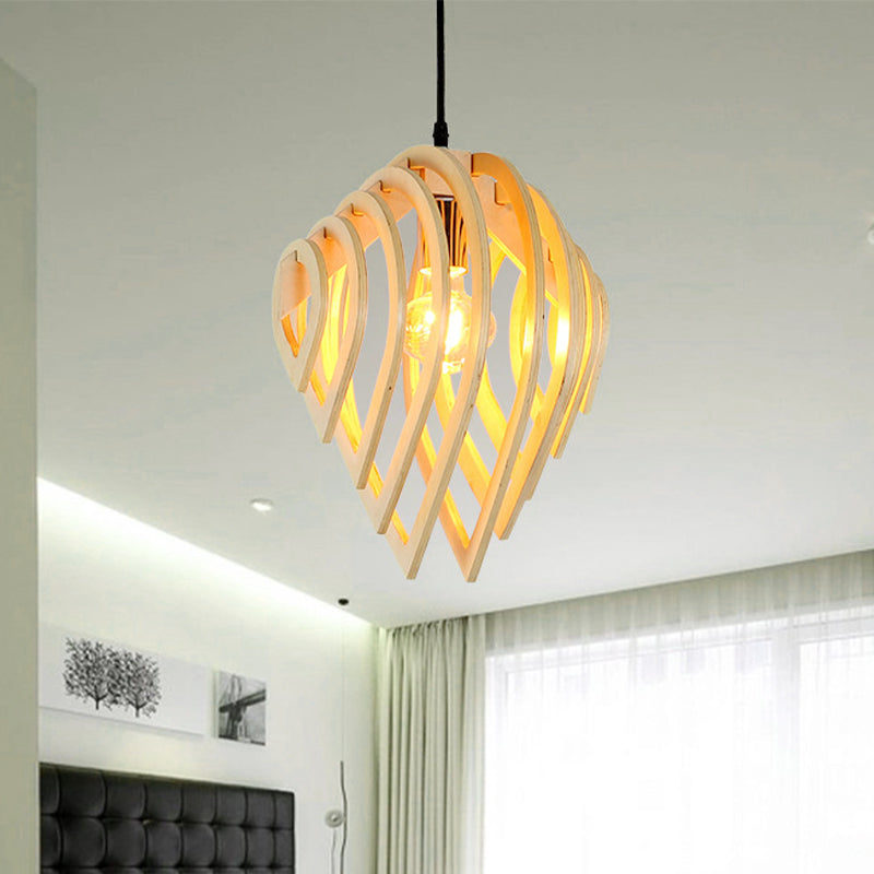1 bulbo de techo de dormitorio Iluminación de beige asiático colgante lámpara con sombra de madera cortada con láser
