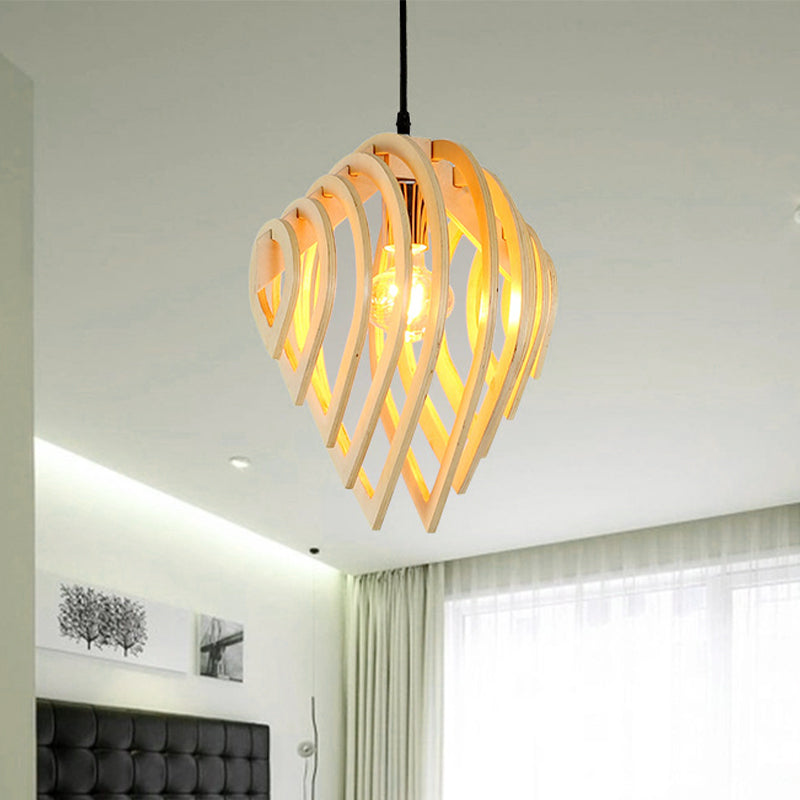 1 Bulb Bedroom Ceiling Lighting Asian Beige Hanging Light Fixture with Laser Cut Wood Shade