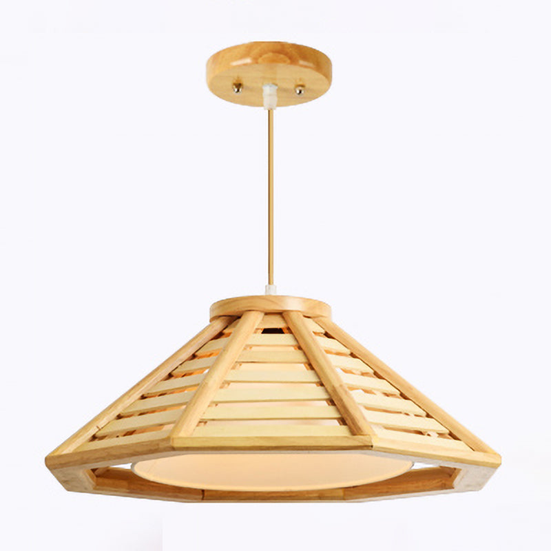 Tapered Hanging Lamp Asian Wood 1 Bulb 14"/19.5" Wide Beige Pendant Light Fixture with Inner White Fabric Shade