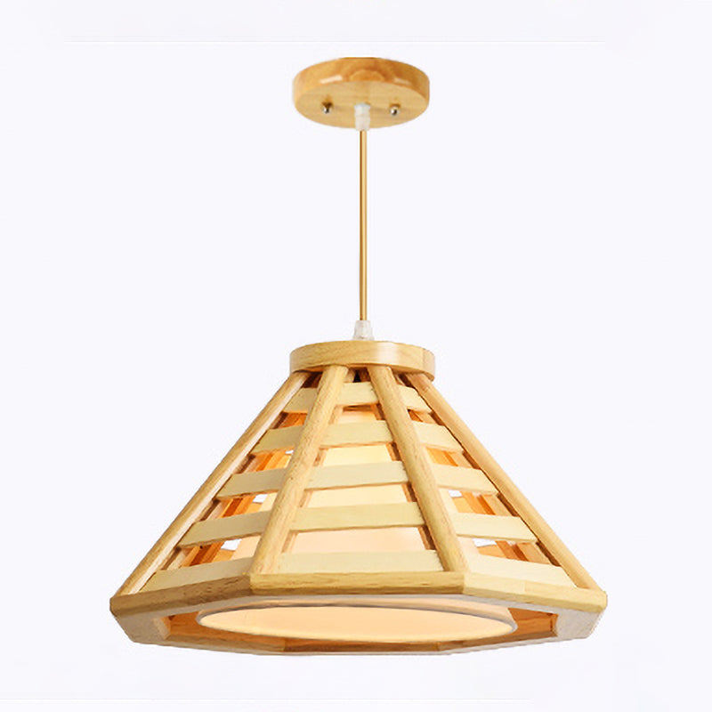 Tapered Hanging Lamp Asian Wood 1 Bulb 14"/19.5" Wide Beige Pendant Light Fixture with Inner White Fabric Shade