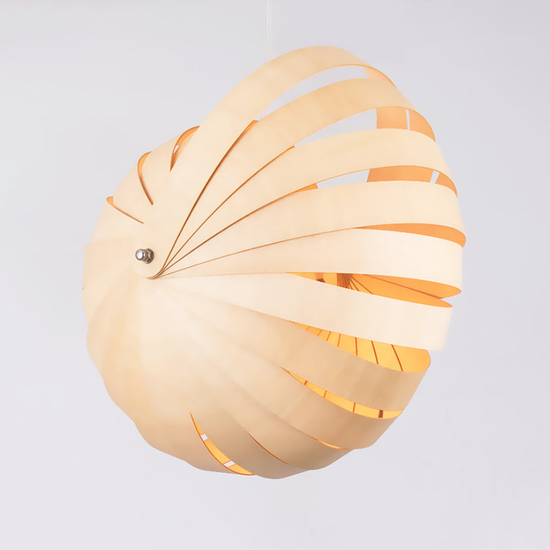 Round Hanging Light Asian Wood 15"/18" Wide 1 Head Beige Suspended Lighting Fixture