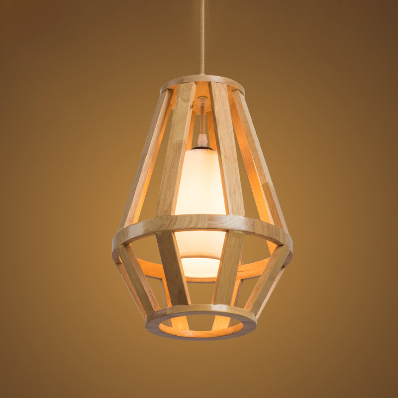 Asian Cage Pendant Light Wood 1 Bulb Suspended Lighting Fixuture in Beige with Inner Cylinder White Shade