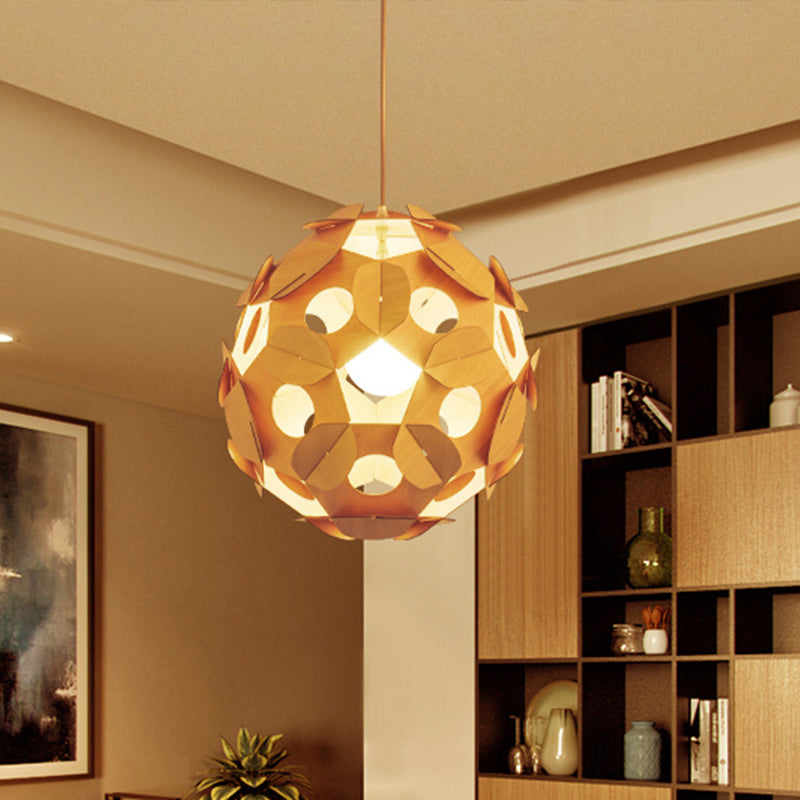 1 Bulb Restaurant Ceiling Lamp Modernism Beige Hanging Light Fixture with Ball Wood Shade