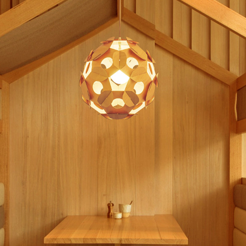 1 Bulb Restaurant Ceiling Lamp Modernism Beige Hanging Light Fixture with Ball Wood Shade