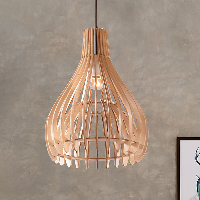 Chinese Pear-Shaped Pendant Lighting Wood 1 Head Ceiling Hanging Light in Beige