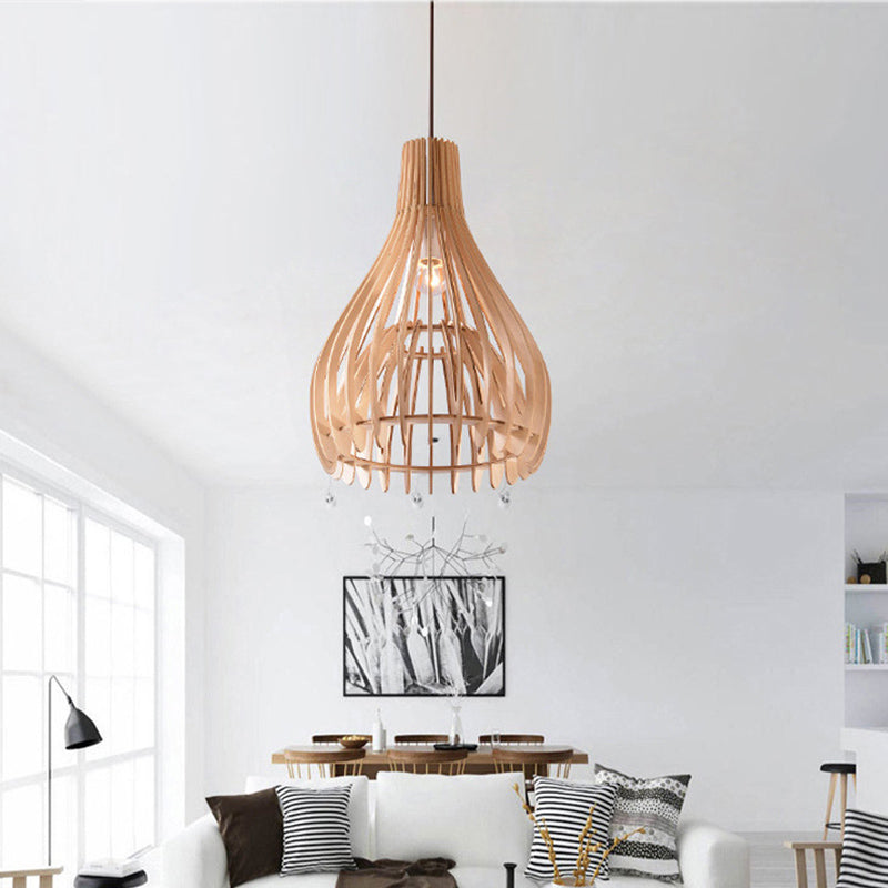 Chinese Pear-Shaped Pendant Lighting Wood 1 Head Ceiling Hanging Light in Beige