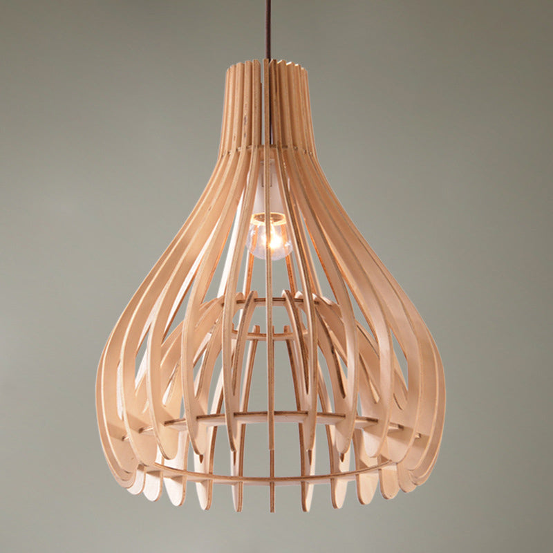 Chinese Pear-Shaped Pendant Lighting Wood 1 Head Ceiling Hanging Light in Beige