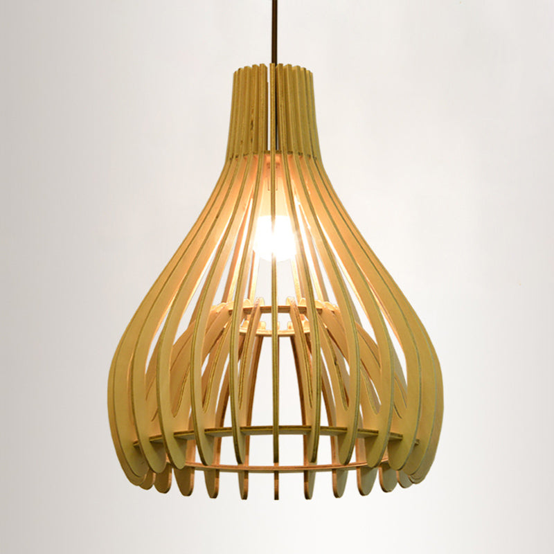 Chinese Pear-Shaped Pendant Lighting Wood 1 Head Ceiling Hanging Light in Beige