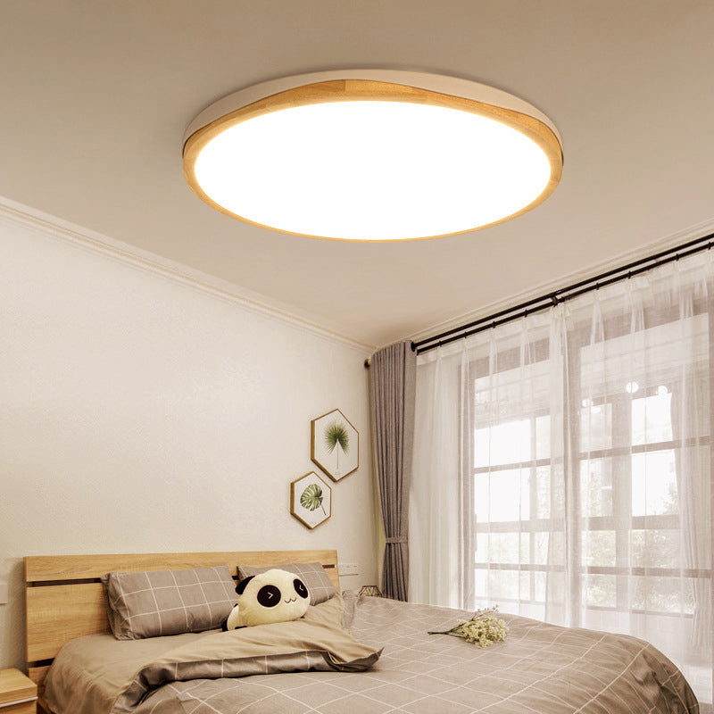 Round Flush-Mount Light Fixture Modern Wood 14"/18"/21.5" Wide LED White Close to Ceiling Lighting, White/Warm Light