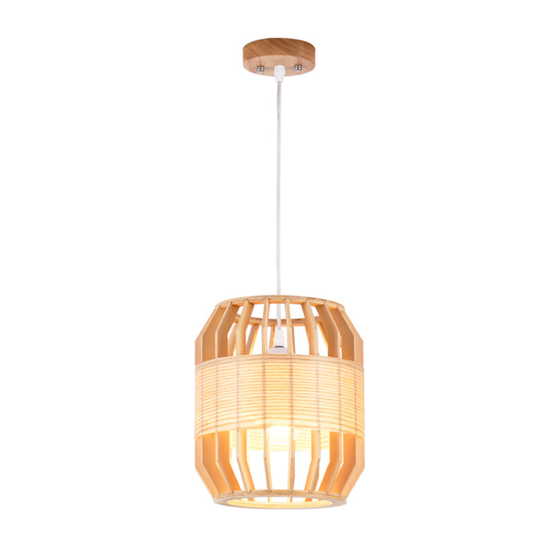 Barrel Ceiling Lamp Chinese Wood 1 Head Beige Hanging Light Fixture for Living Room, 9"/13" Wide