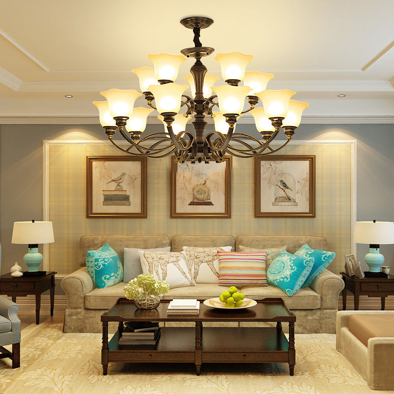 Bell-Shaped Shade Chandelier Light Fixture Traditional White Glass Pendant Lighting for Restaurant
