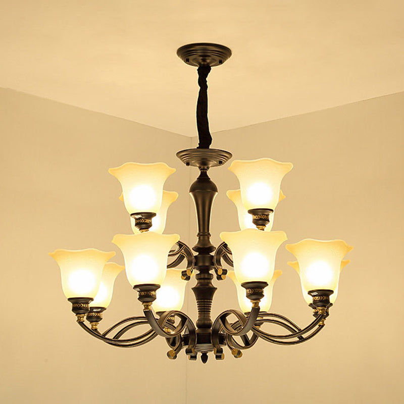 Bell-Shaped Shade Chandelier Light Fixture Traditional White Glass Pendant Lighting for Restaurant