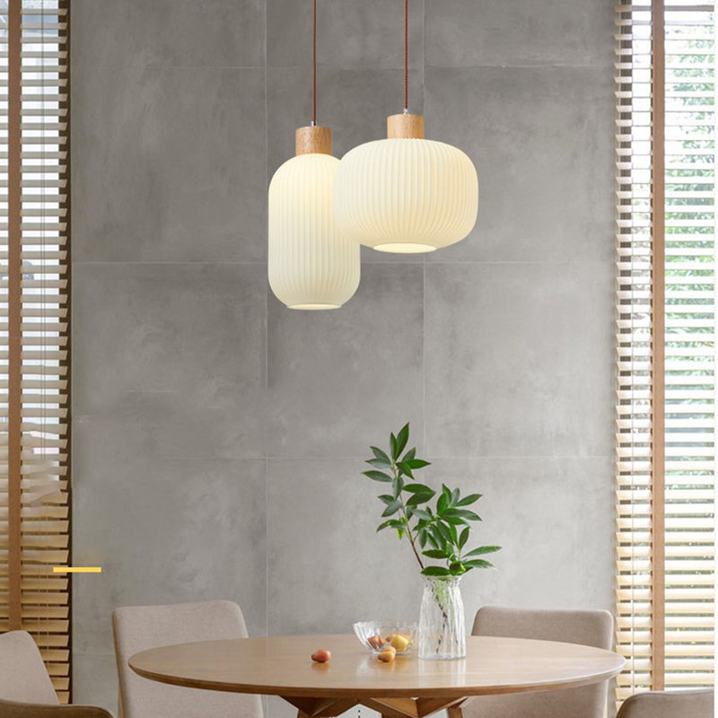 White Wooden Pendant Light in Modern Concise Style Glass Drum Hanging Light for Dining Room