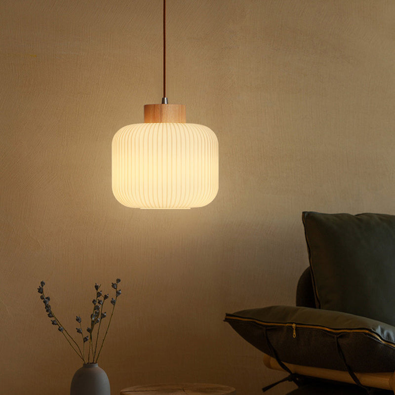White Wooden Pendant Light in Modern Concise Style Glass Drum Hanging Light for Dining Room
