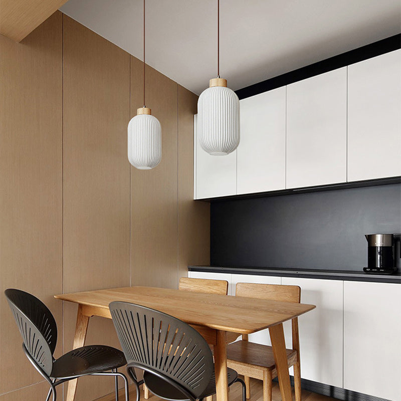 White Wooden Pendant Light in Modern Concise Style Glass Drum Hanging Light for Dining Room
