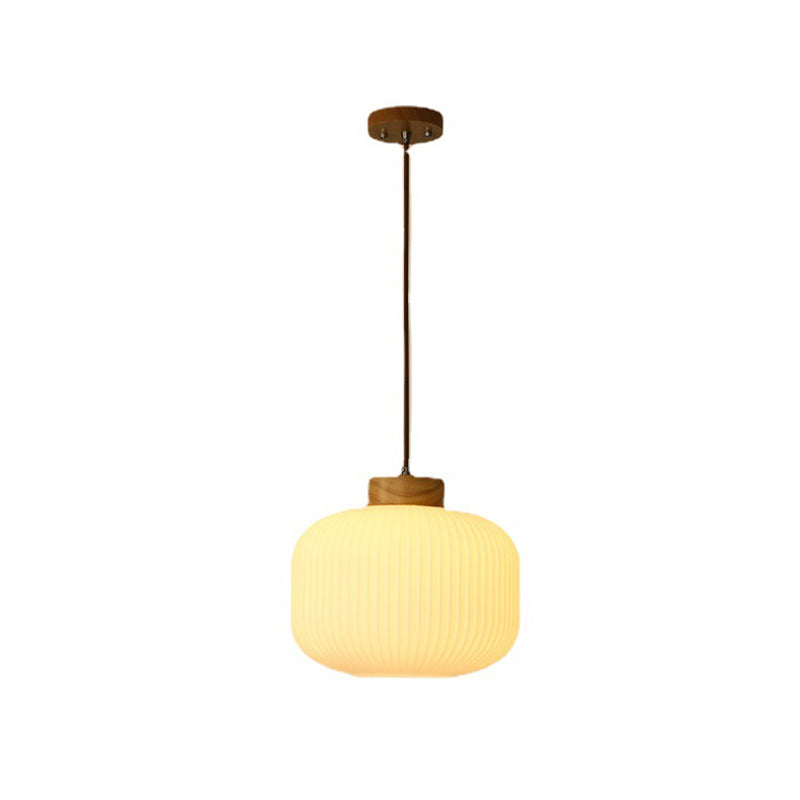White Wooden Pendant Light in Modern Concise Style Glass Drum Hanging Light for Dining Room