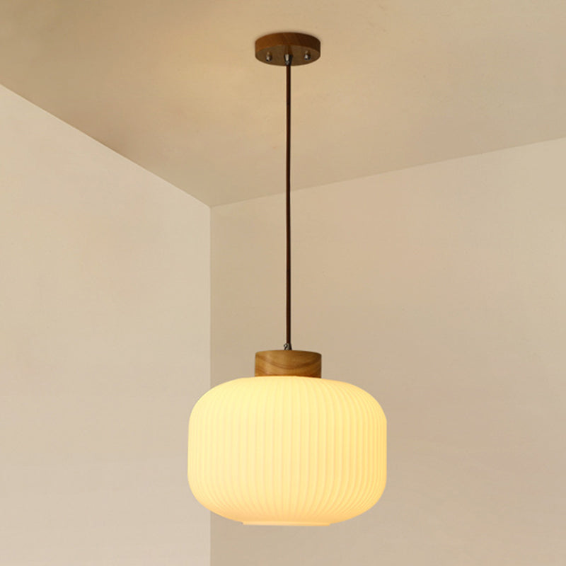 White Wooden Pendant Light in Modern Concise Style Glass Drum Hanging Light for Dining Room