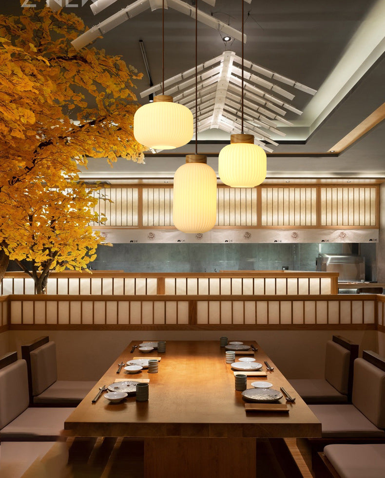 White Wooden Pendant Light in Modern Concise Style Glass Drum Hanging Light for Dining Room