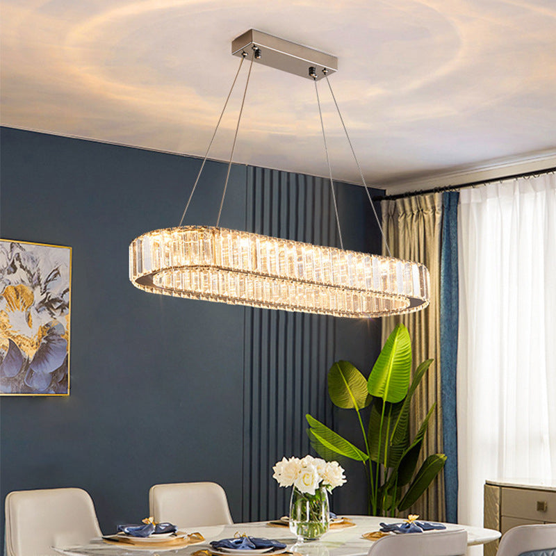 Luz de la isla LED cromada ovalada en la moderna lámpara colgante de acero inoxidable de estilo de lujo con sombra de cristal