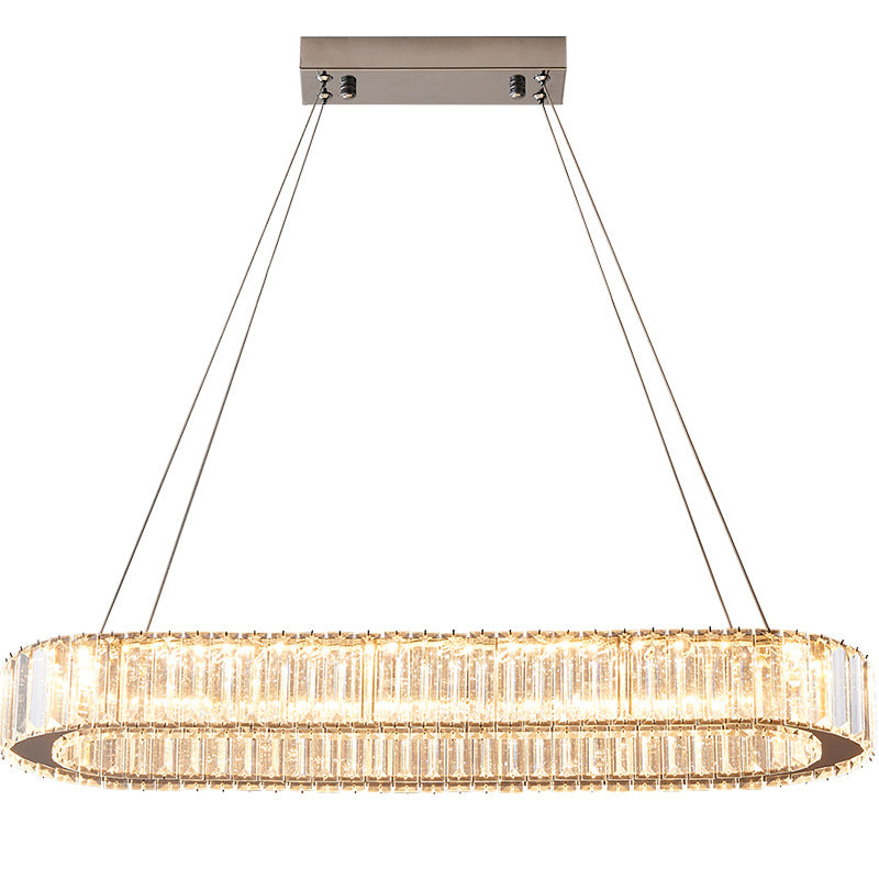 Chrome Oval LED Island Light in Modern Luxury Style Stainless-Steel Hanging Lamp with Crystal Shade