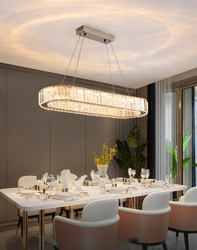 Luz de la isla LED cromada ovalada en la moderna lámpara colgante de acero inoxidable de estilo de lujo con sombra de cristal