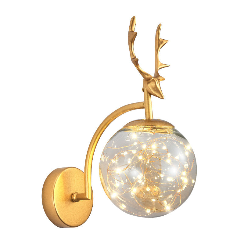 Glass Globe LED Wall Lamp in Modern Fashionable Wrought Iron Wall Sconce with Antler Decoration