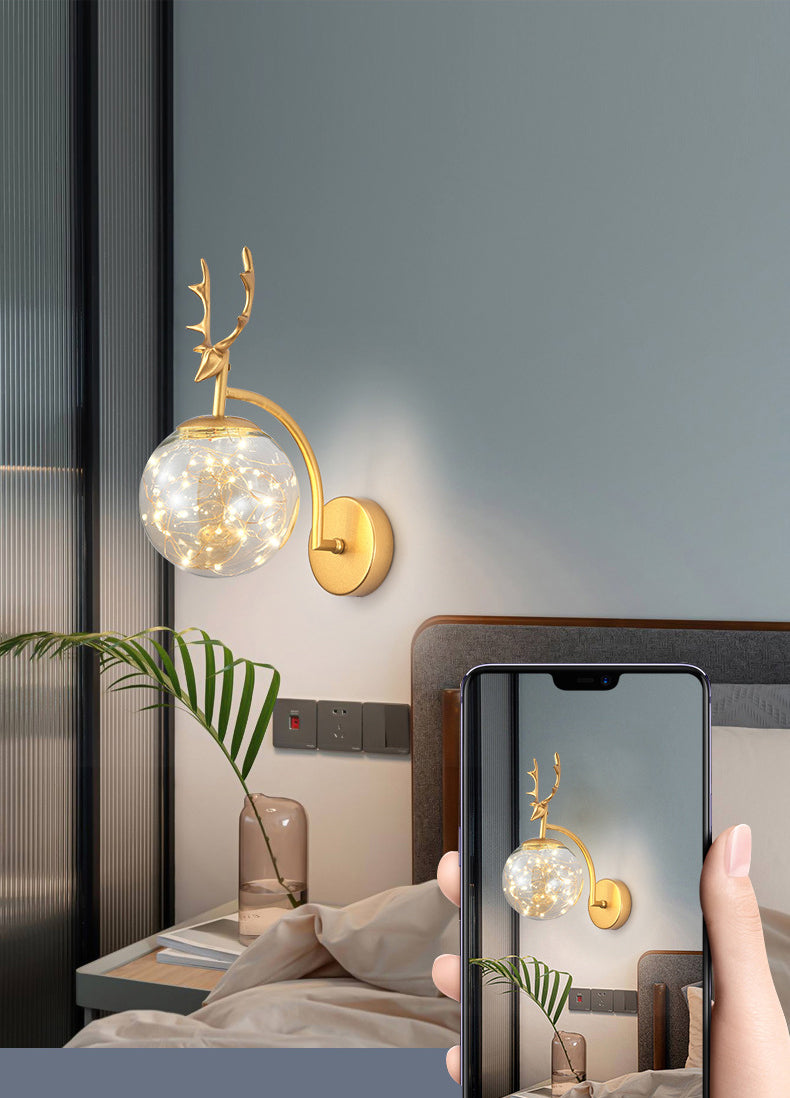Glass Globe LED Wall Lamp in Modern Fashionable Wrought Iron Wall Sconce with Antler Decoration