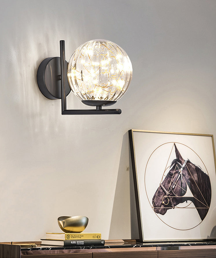Modern Luxury LED Wall Sconce Wrought Iron Globe Wall Lamp with Glass Shade