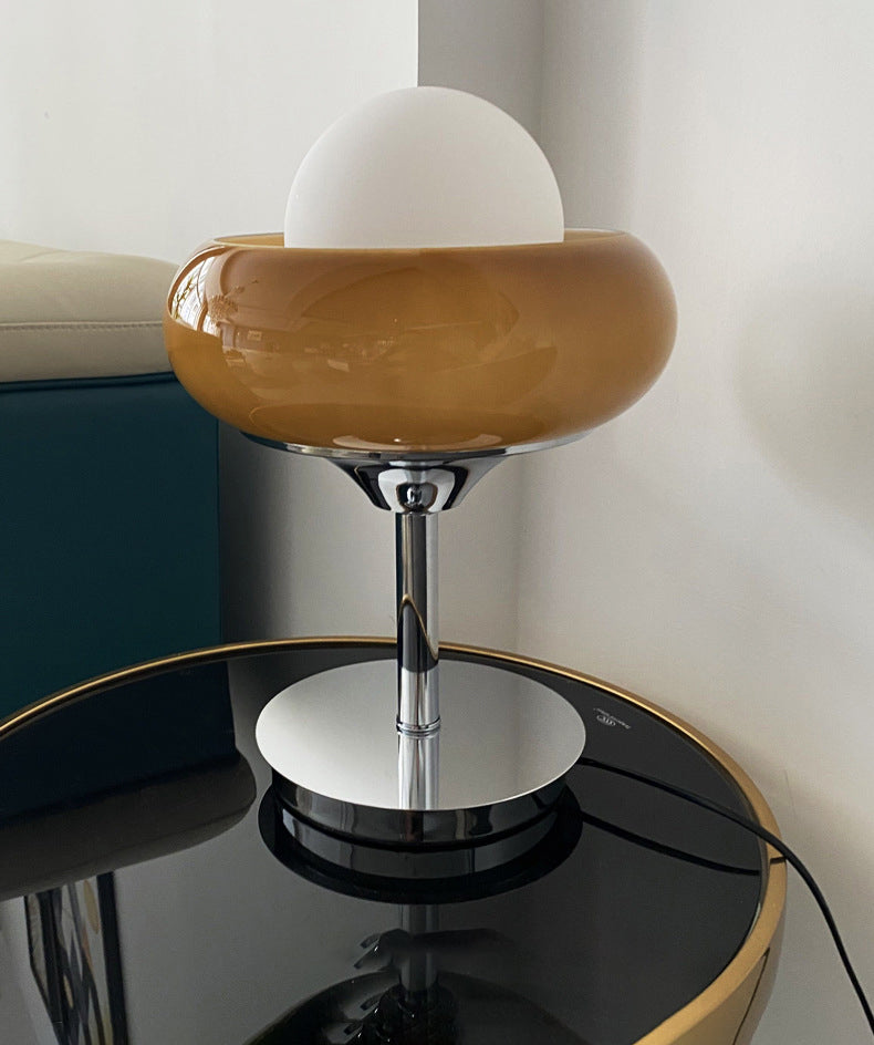 Lampada da tavolo a forma di bocciolo in vetro marrone chiaro Lampada da notte contemporanea con 1 lampadina con finitura cromata per soggiorno
