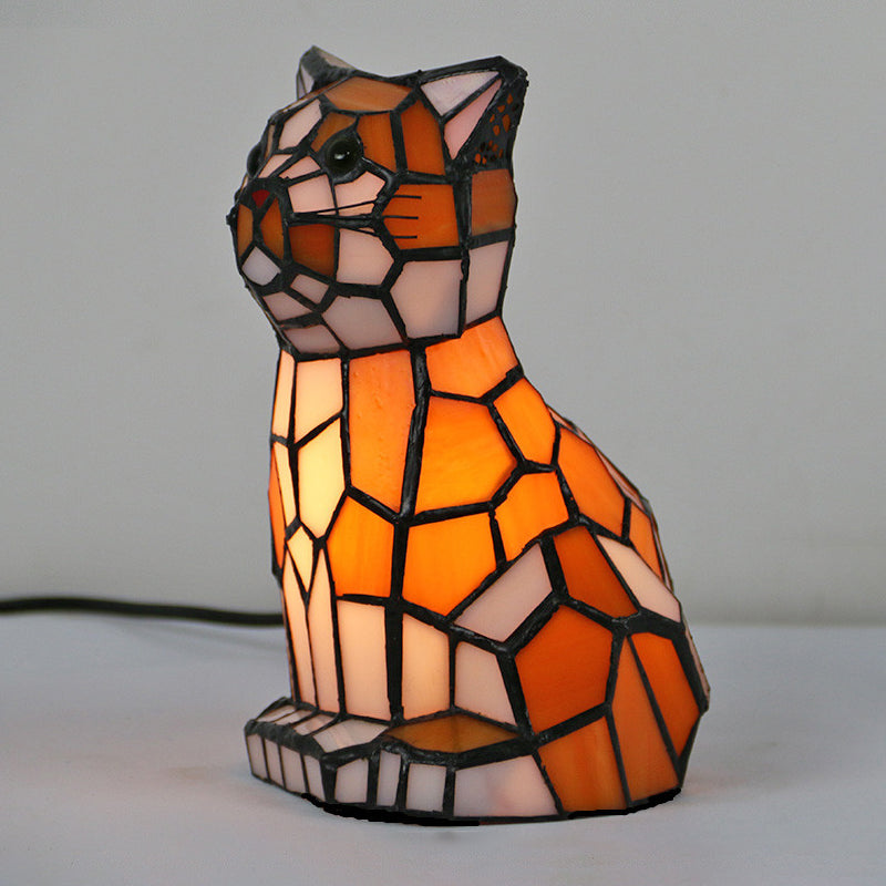 Orange Cat Shaped Table Lamp Creative Tiffany Style 1-Light Handcrafted Glass Night Light