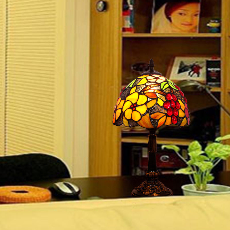 Stained Glass Red Table Light Flower and Grapes Pattern 1 Head Tiffany Night Stand Lamp