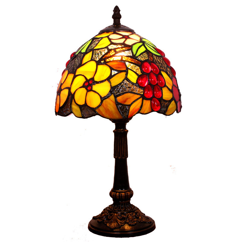 Stained Glass Red Table Light Flower and Grapes Pattern 1 Head Tiffany Night Stand Lamp