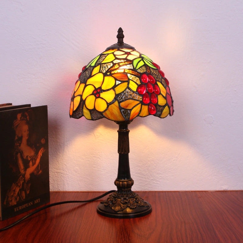 Stained Glass Red Table Light Flower and Grapes Pattern 1 Head Tiffany Night Stand Lamp