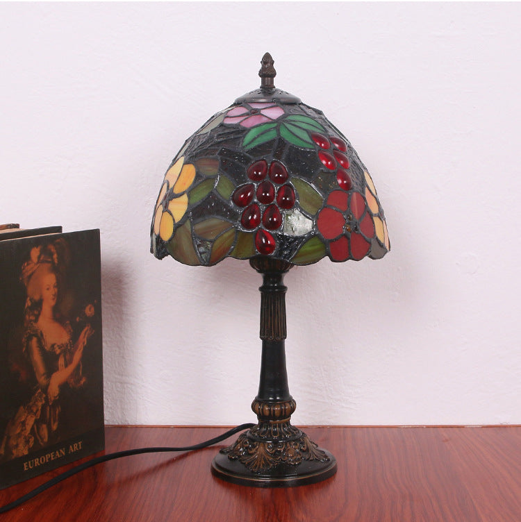 Stained Glass Red Table Light Flower and Grapes Pattern 1 Head Tiffany Night Stand Lamp