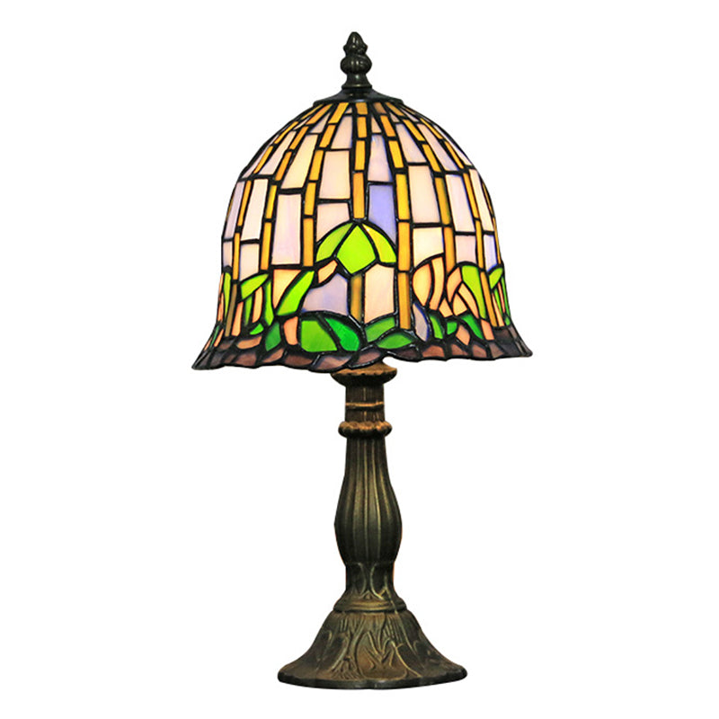 1-Bulb Bell Shaped Table Light Tiffany Weathered Bronze Stained Glass Nightstand Lamp