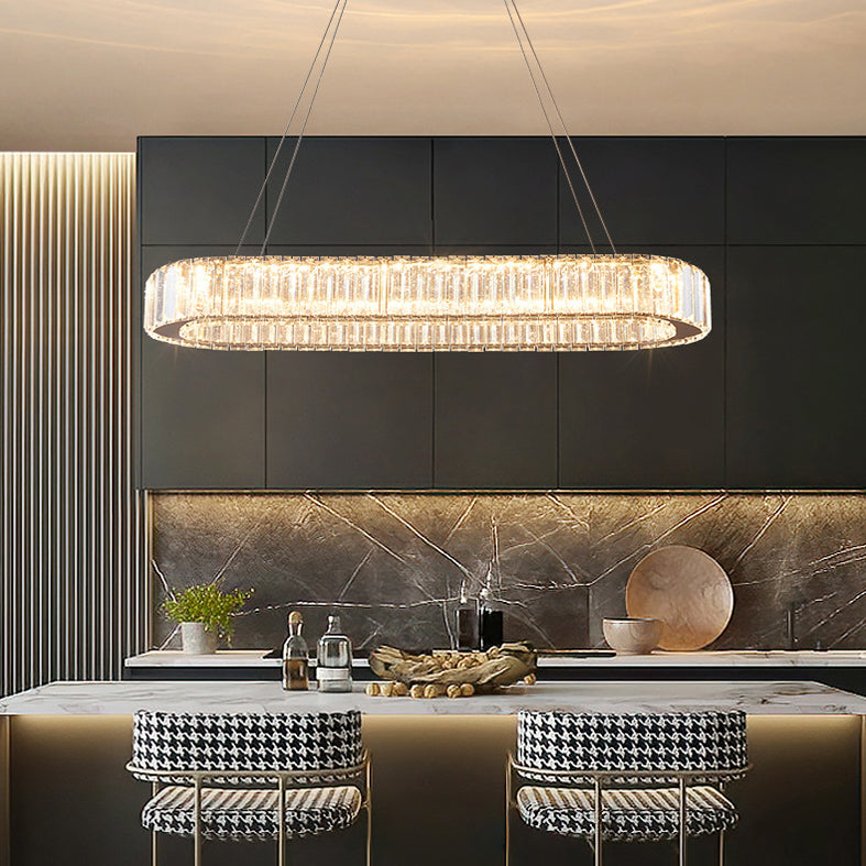 Luz de la isla LED cromada ovalada en la moderna lámpara colgante de acero inoxidable de estilo de lujo con sombra de cristal