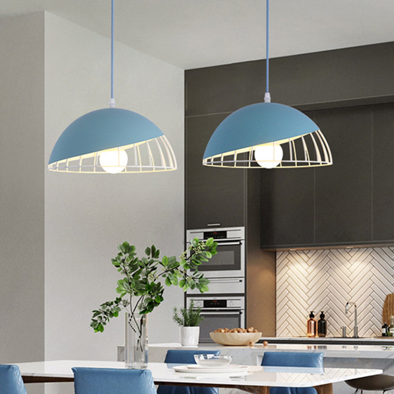 1 Bulb Dining Room Pendant Light Modern Black/Blue/Green Suspended Lighting Fixture with Domed Metal Shade