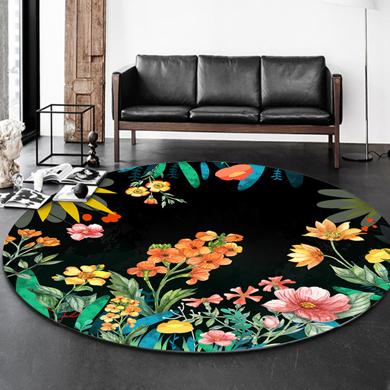Multicolored Floral Printed Rug Contemporary Round Carpet Anti-Slip Backing Rug for Living Room