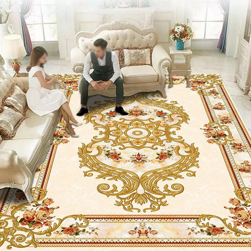 Light Color European Floral Print Rug Polyester Luxe Carpet Non-Slip Backing Rug for Living Room