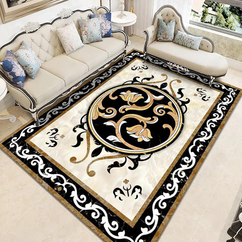 Solid Color Luxe Rug Polyester European Floral Print Indoor Rug Easy Care Carpet for Living Room