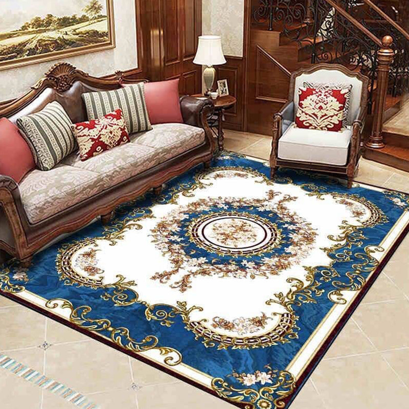 Solid Color Floral Print Rug Polyester Luxury Anti-Slip Backing Indoor Rug for Living Room