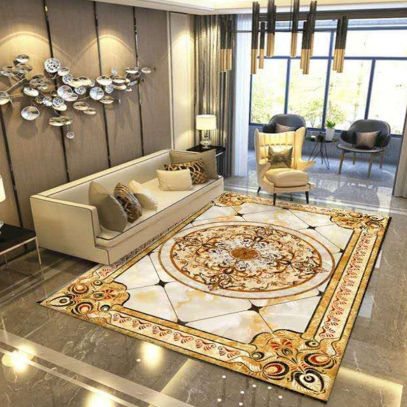 Apricot Tone Luxury Area Carpet Polyester Floral Print Indoor Rug Easy Care Carpet for Living Room