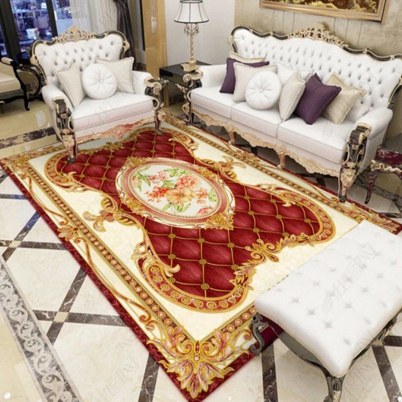 Apricot Tone Luxury Area Carpet Polyester Floral Print Indoor Rug Easy Care Carpet for Living Room