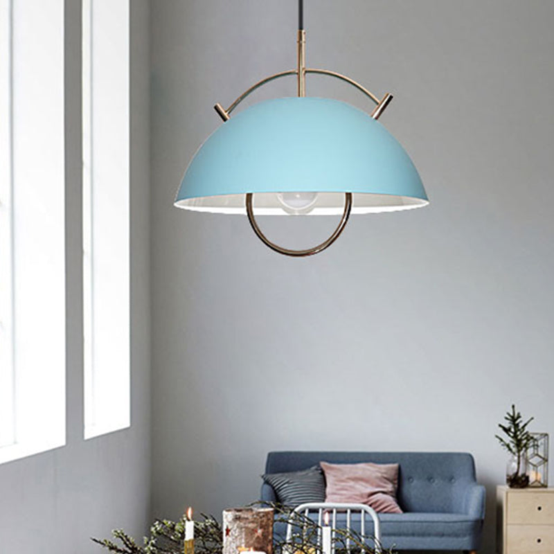 Metal Bowl Down Lighting Macaron 1 Head Blue/White/Khaki Hanging Ceiling Light with Handle