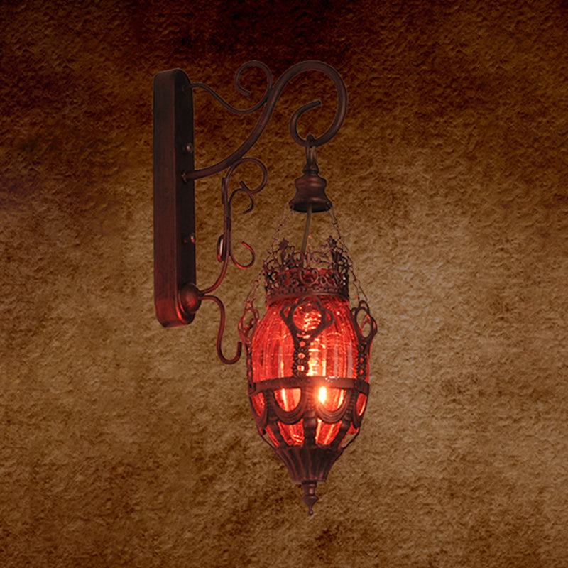 Tiffany Urn Wall Mounted Lighting 1 Light Red/Yellow/Blue Glass Sconce in Bronze for Restaurant