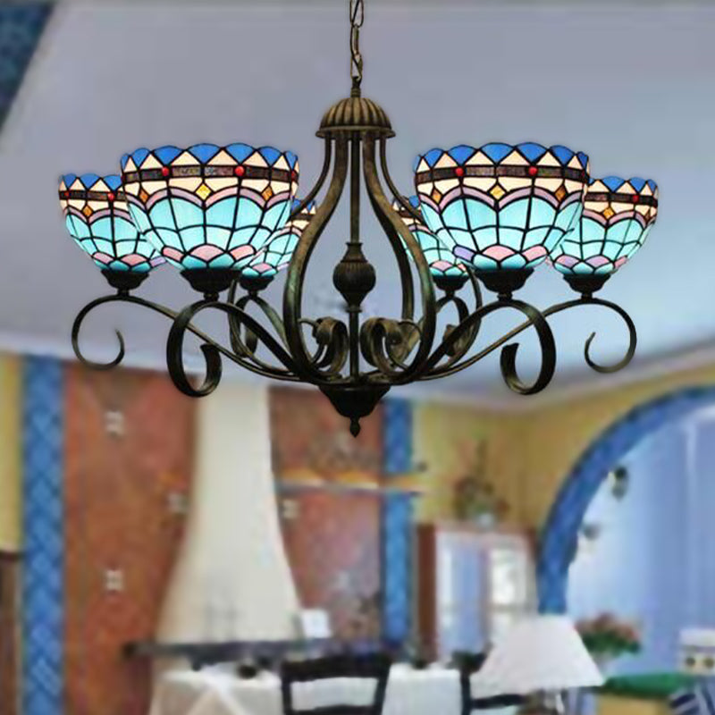 Domed Blue Stained Glass Ceiling Chandelier Mediterranean 3/6/8 Lights Bedroom Pendant Lamp in Black, 25.5"/34"/37.5" W