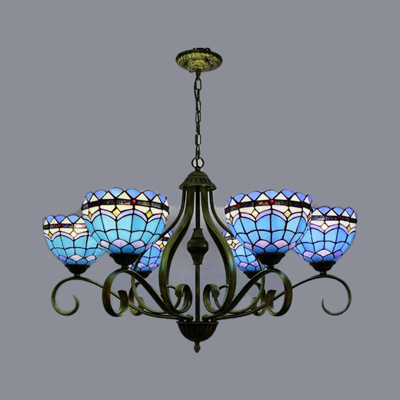 Domed Blue Stained Glass Ceiling Chandelier Mediterranean 3/6/8 Lights Bedroom Pendant Lamp in Black, 25.5"/34"/37.5" W