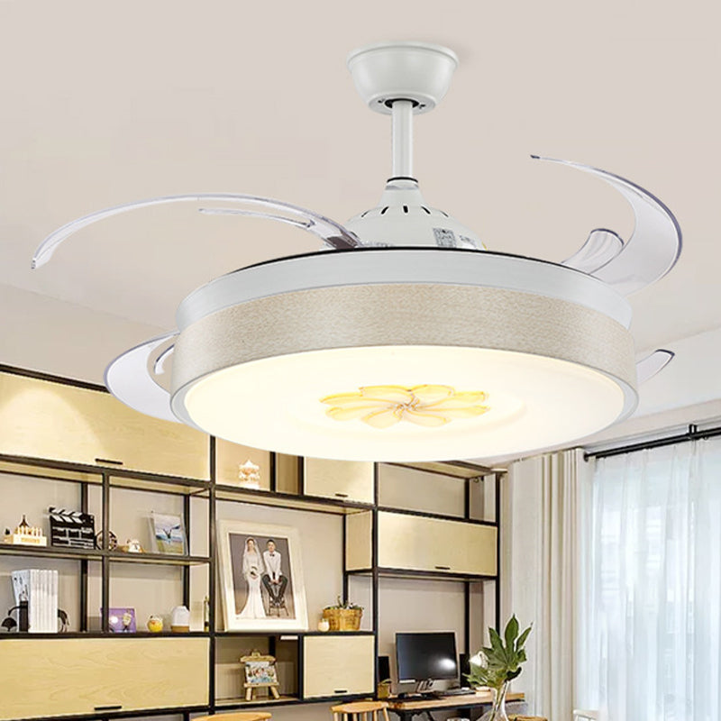 Ventilador de techo LED de forma de tambor de estilo moderno 6 Velocidad del viento 8 Hoja reversible Acrílico White Semi Flush Mount Light