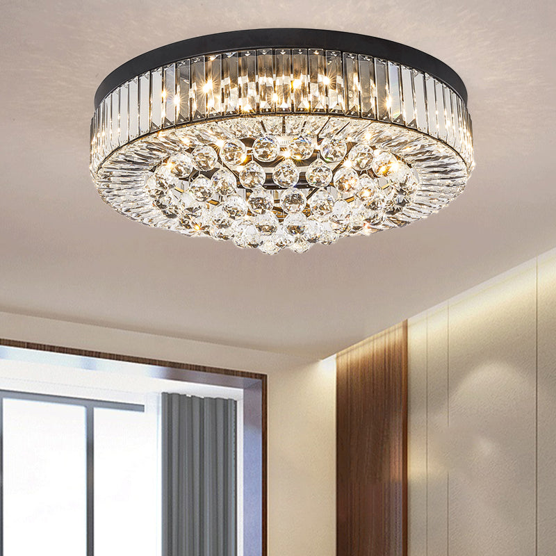 Crystal Block Drum Ceiling Lighting Modernism Black LED Flush Mount, 3 Color Light/Remote Control Stepless Dimming