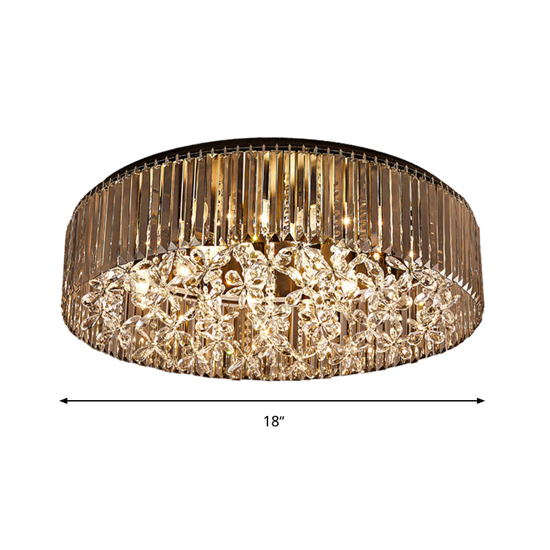 Black Round Flush Mount Light Contemporary 4 Heads Tri-Sided Crystal Rod Ceiling Light in White Light